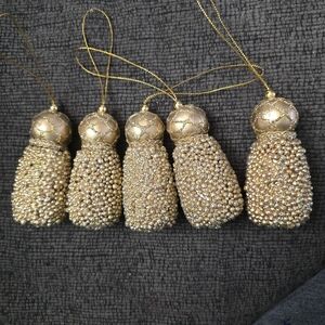 5 Gold Styrofoam Beaded Glitter Christmas Ornaments